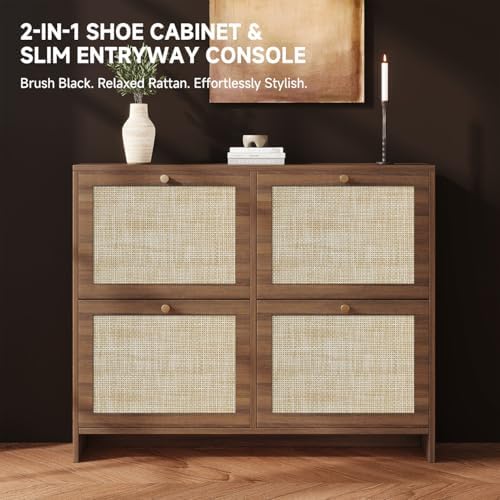 Nicetree Shoe Cabinet Storage for Entryway, 4-Flip Drawer Narrow Shoe Rack with Adjustable Shelves, Boho Modern Square Rattan Shoe Organizer, Slim Wood Storage Cabinets for Small Spaces Fits Size 13.5