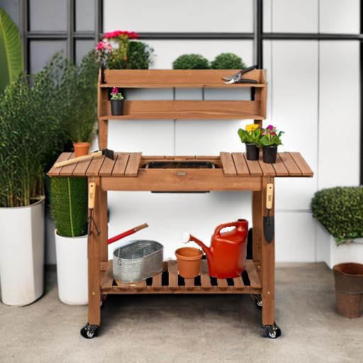 Best Choice Products Mobile Garden Potting Bench, Outdoor Wood Workstation Table w/Sliding Tabletop, 4 Locking Wheels, Food Grade Dry Sink, Storage Shelves - Brown