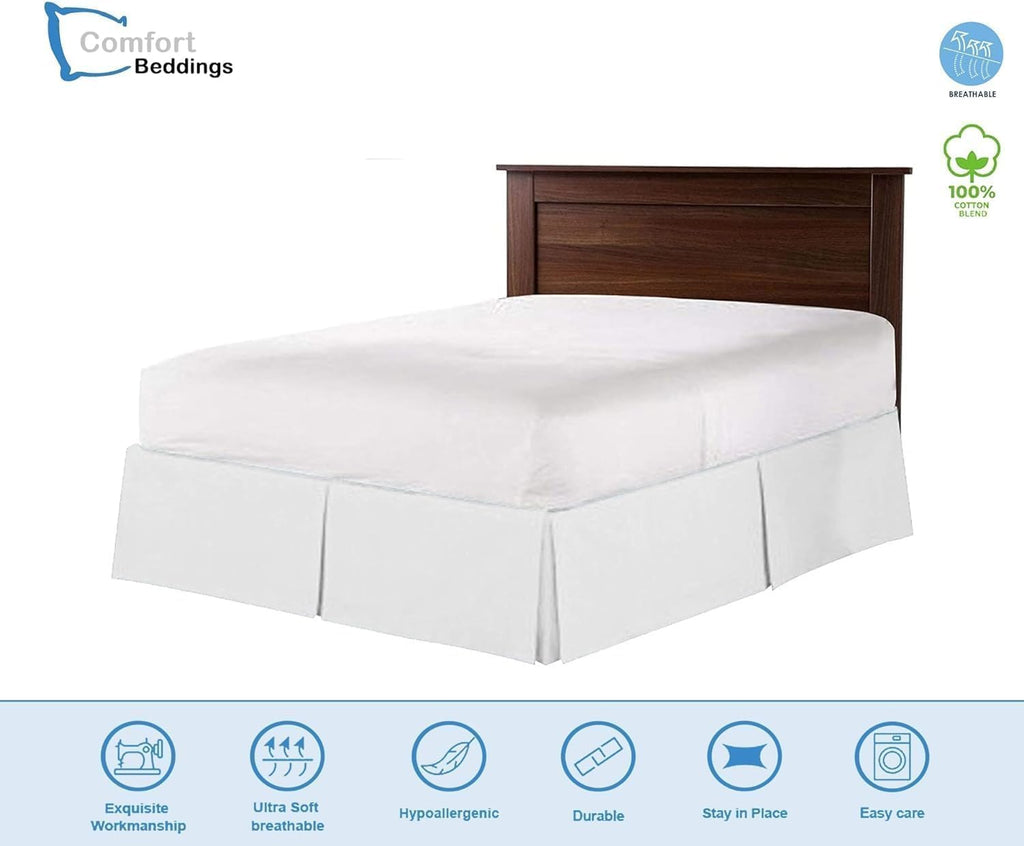 Magic Bed Skirt Queen 16 Inch Drop Bed Skirt 100% Cotton Blend No Mattress Lifter Wrap Around Skirt with Pleated Split Corners - White
