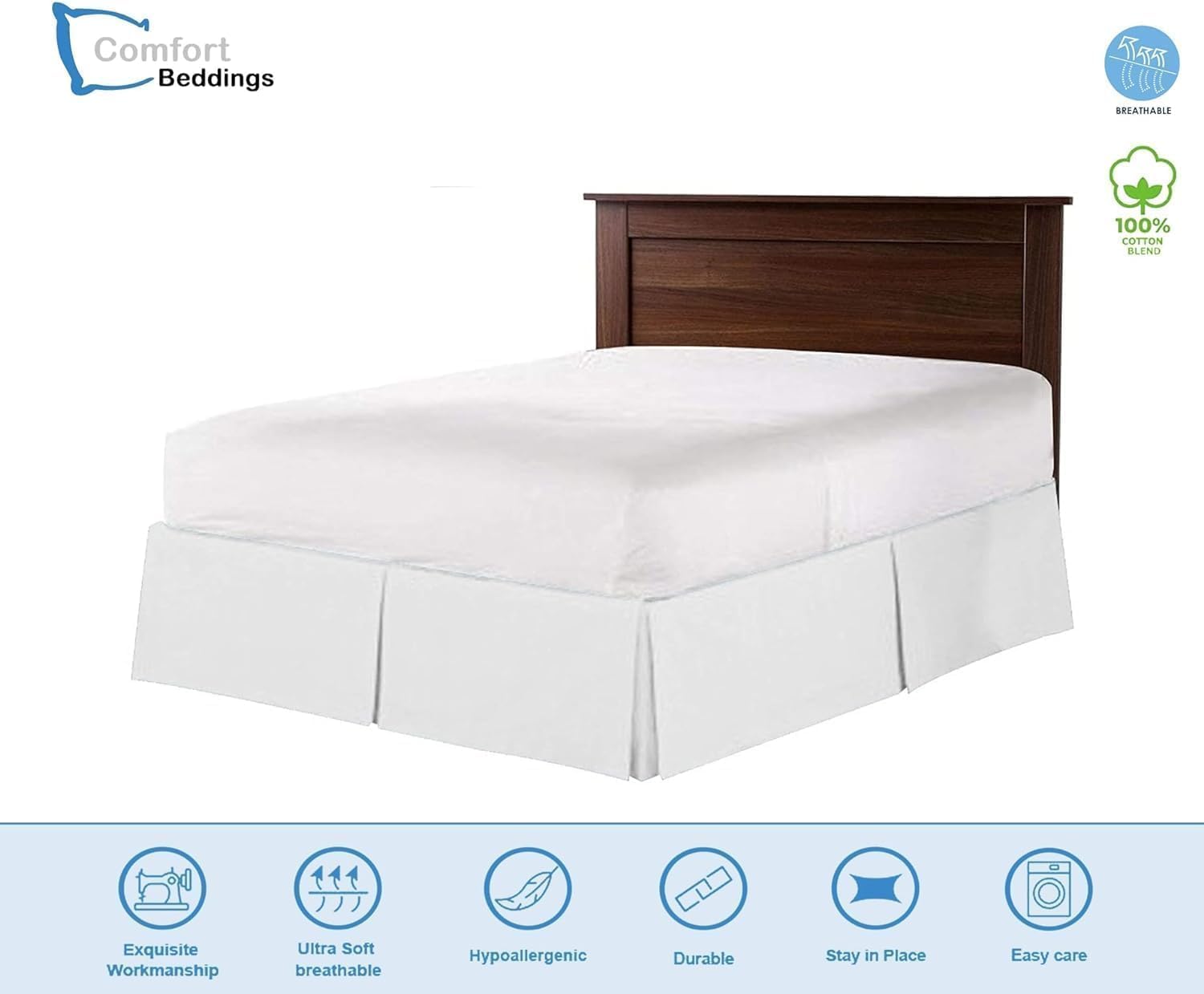 Magic Bed Skirt Queen 16 Inch Drop Bed Skirt 100% Cotton Blend No Mattress Lifter Wrap Around Skirt with Pleated Split Corners - White