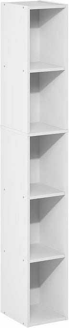 Furinno Fulda Book Shelf, 5-Tier Tall Narrow Bookshelf, Standing Bookcase with 8-in Width Storage Shelf, 9.3 x 7.9 x 51.9, for Organization Storage, for Living Room, Bedroom, Home Office, White