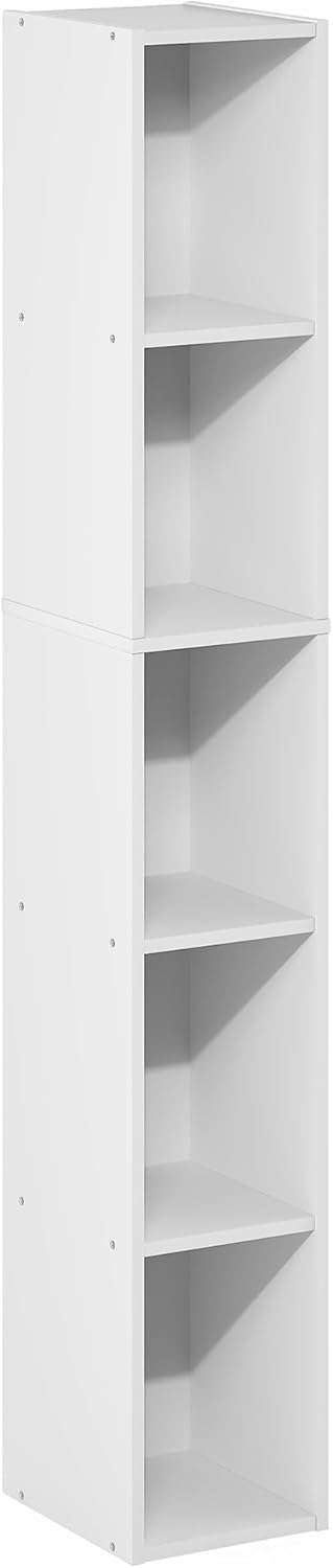 Furinno Fulda Book Shelf, 5-Tier Tall Narrow Bookshelf, Standing Bookcase with 8-in Width Storage Shelf, 9.3 x 7.9 x 51.9, for Organization Storage, for Living Room, Bedroom, Home Office, White