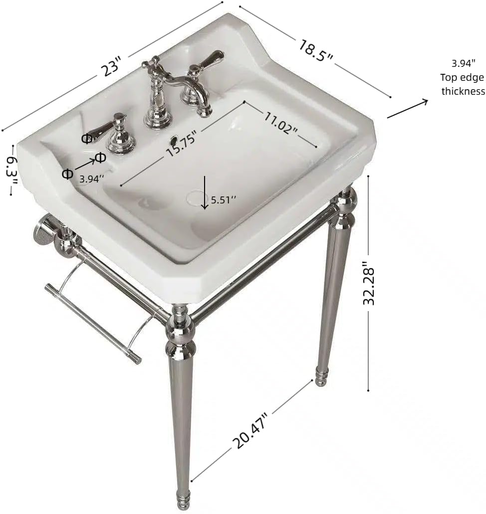 23" Wall Mounted Bathroom Console Sink,Ceramic Vanity Basin with 3 Pre-Drilled Faucet Holes, Freestanding Stainless Steel Legs & Towel Bar, No Faucet & Sink Cover,Chrome (Chrome, 23")