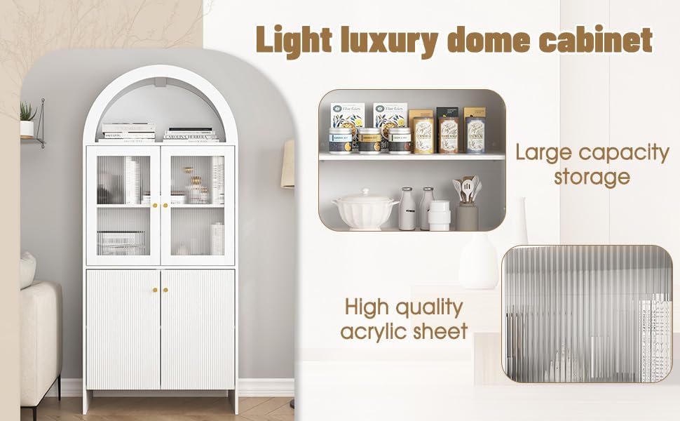 Spaco 69" Tall Arched Kitchen Pantry Cabinet with Led Lights,Wood Fluted Kitchen Storage Cabinet with 5-Tiers Storage Shelves,Modern Versatile Cupboard with Glass Doors for Dining Room. (White)