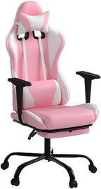 Pink Gaming Chair Office Chair Desk Chair for Girls, High Back Ergonomic PC Racing Chair w/Lumbar Support & Retractable Footrest PU Leather Recliner Swivel Cute Computer Game Chair for Women