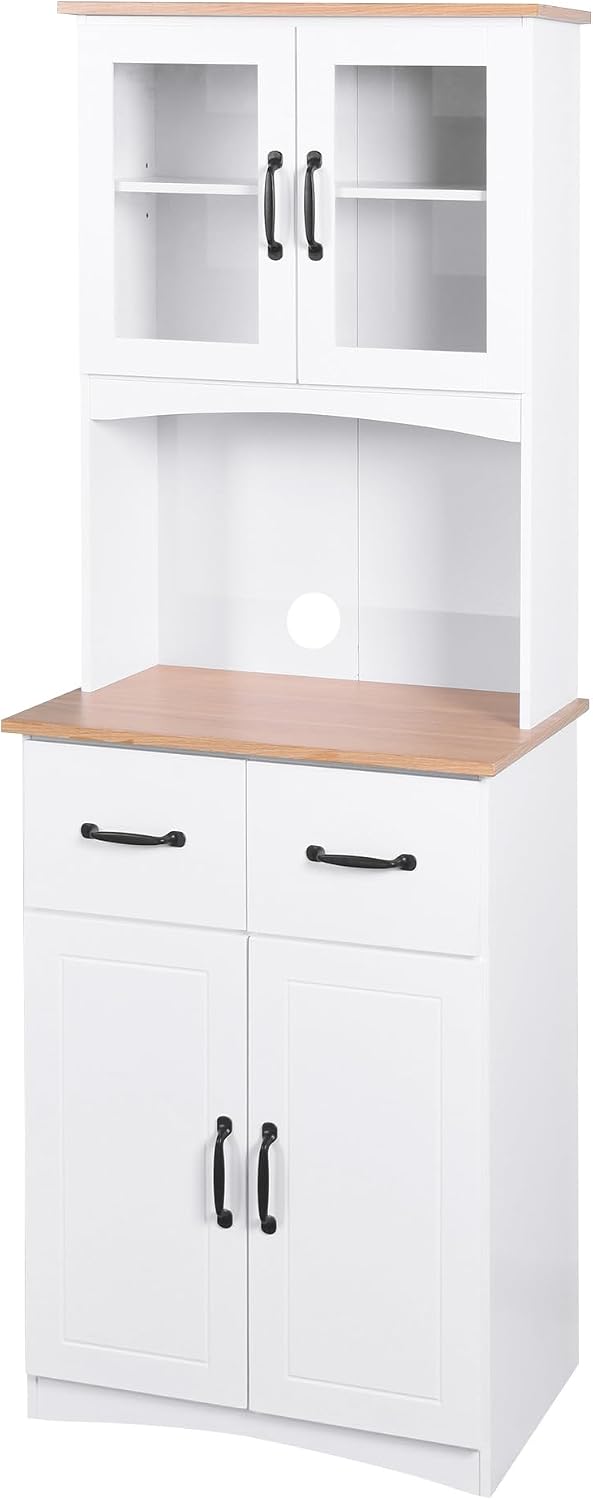 White Wooden Kitchen Pantry Cabinet with Glass Doors & Drawers – 66.9" Tall Microwave Stand with Adjustable Shelves, Storage Hutch for Dishes, Appliances & Utensils (23.62"L x 15.75"W, MDF)