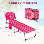 Goplus Tanning Chair, Folding Beach Lounge Chair with Face &Arm Hole, Position Adjustable,Removable Pillow,Side Pocket, Sunbathing Chair, Portable Outdoor Lounge Chair for Patio Pool (2, Pink Stripe)