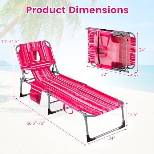 Goplus Tanning Chair, Folding Beach Lounge Chair with Face &Arm Hole, Position Adjustable,Removable Pillow,Side Pocket, Sunbathing Chair, Portable Outdoor Lounge Chair for Patio Pool (2, Pink Stripe)