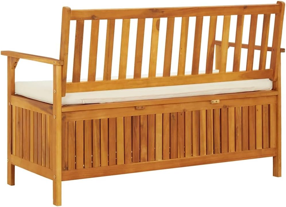 Patio Storage Bench Solid Acacia Wood with Cushion 47.2"x24.8"x33.1" Rustic Outdoor Bench Seat for Garden Porch Furniture with Storage Compartment