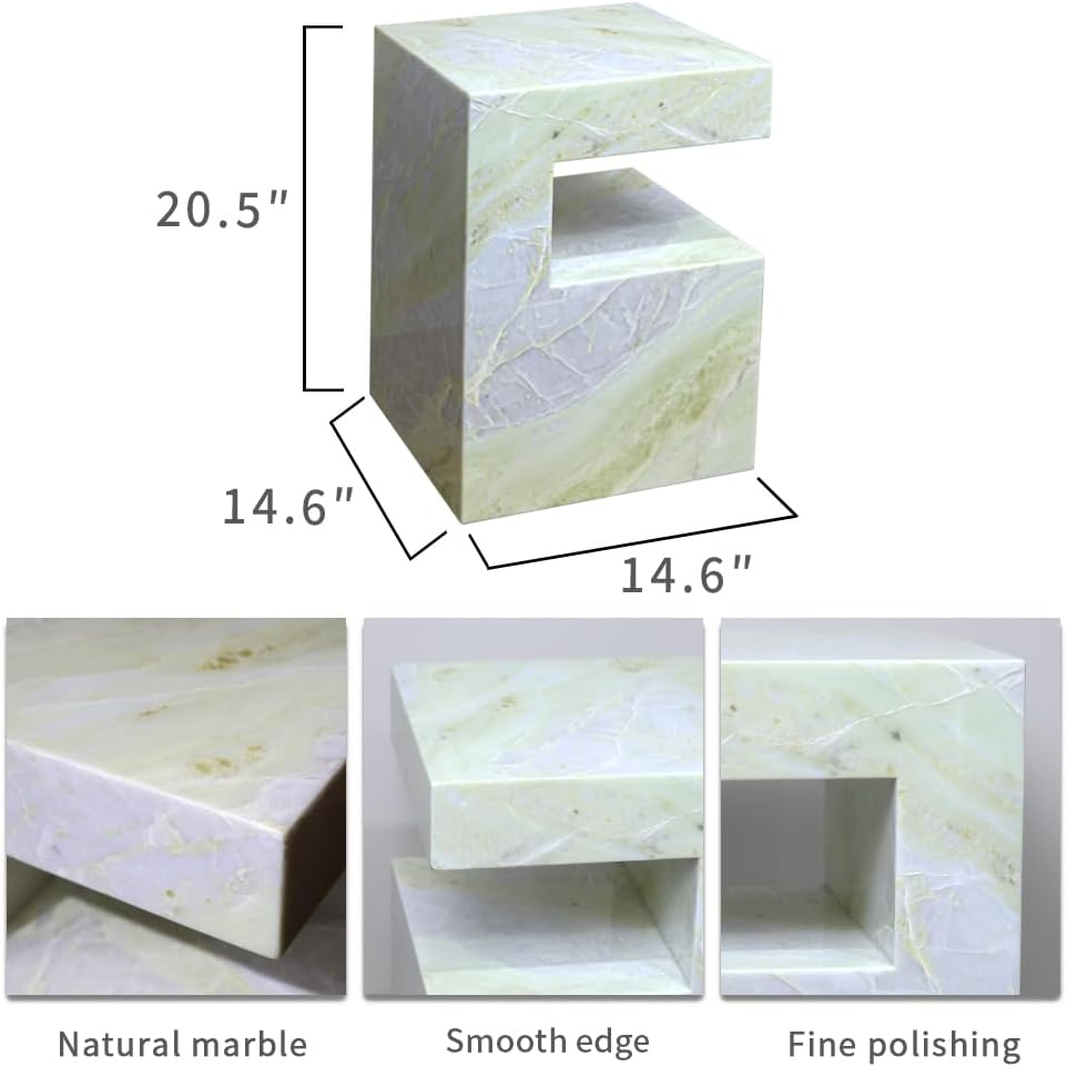 Natural Marble C-Shaped End Table, Luxurious Handmade Coffee Table Suitable for for Living Room Bedroom Bathroom Small Spaces, No Installation Marble Sofa Table for Modern Home Decor