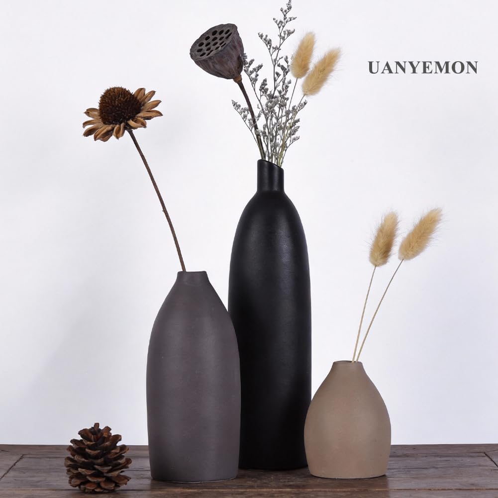 Ceramic Vase Set of 3 - Modern Boho Farmhouse Home Decor Flower Vases for Living Room, Kitchen Island, Dining Table Centerpiece Decor, Office Shelf, Fireplace Mantle Decorations (Black Taupe Mix)
