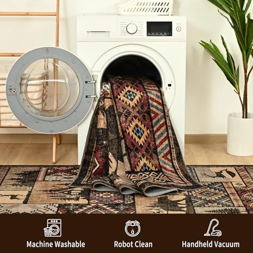 HOMORE Runner Rug 2x5 Washable Western Rugs for Hallway Entryway,Rustic Cabin Runner Rug Non Slip,Southwestern Lodge Rugs for Bedroom Kitchen Laundry,Brown