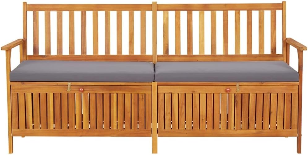 Patio Wood Storage Bench with Seat Cushion, Outdoor Wooden Storage Bench with Comfort Backrest for Porch Backyard Poolside,-887