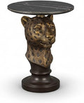 Leopard Head Accent Table with Faux Marble Top, Antique Brown Resin Animal Statue End Table, Decorative Side Table Pedestal for Living Room