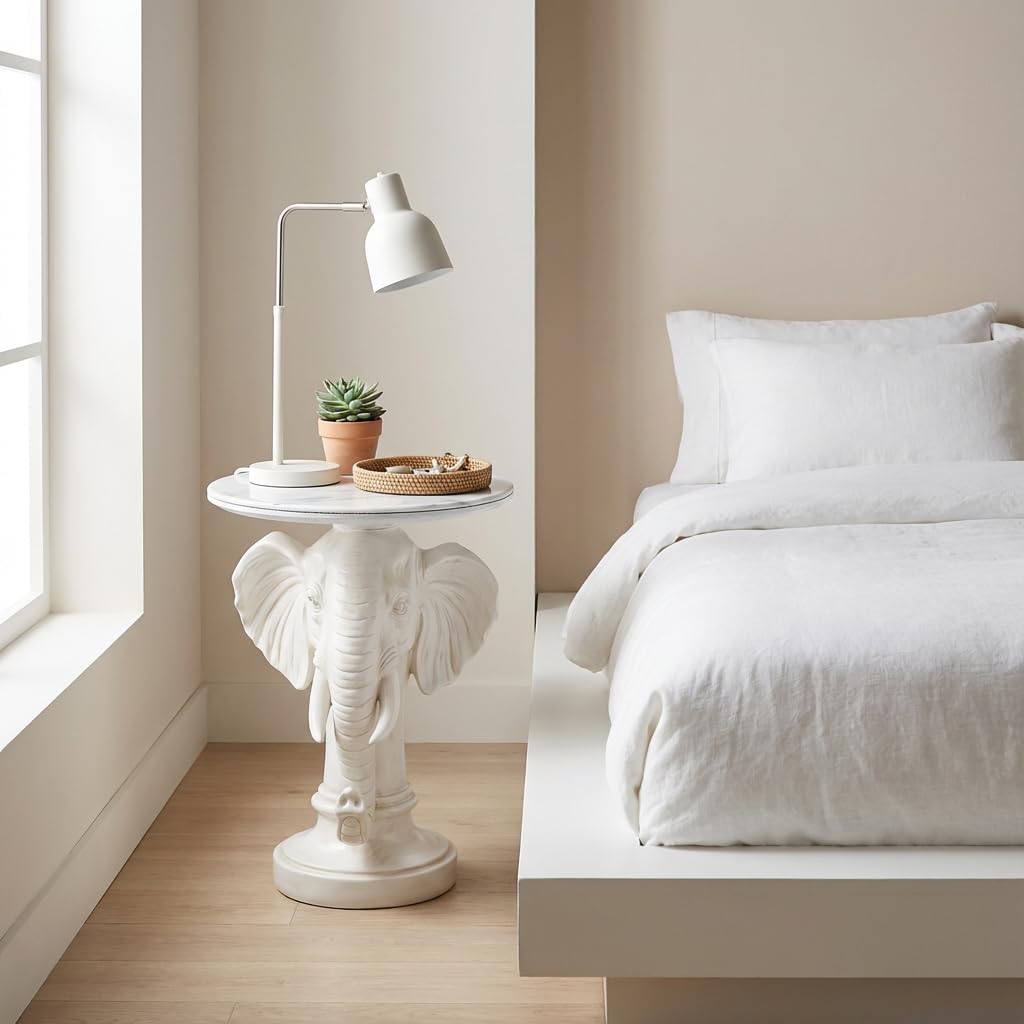 Elephant End Table – 25.98in Tall Artificial Marble Top Decorative Accent Table with Resin Sculpture Base, Perfect for Living Room, Bedroom, Entryway