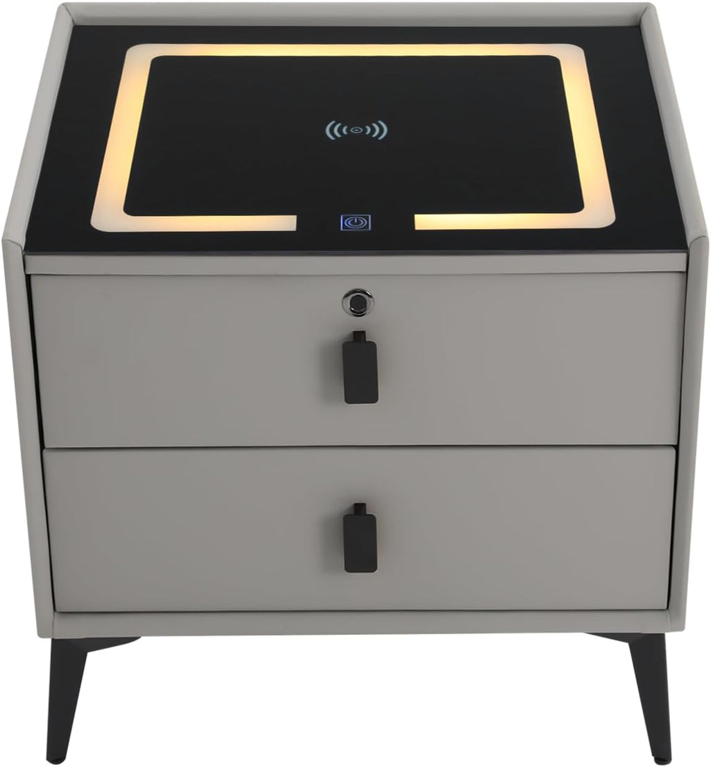 3 Color LED Nightstand with Wireless Charging Station & USB Ports, 2 Drawers Modern Night Stand Bedside Table End with Fingerprint Lock & Bluetooth Speaker Table for Bedroom, Living Room (Light Gray)