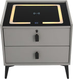 3 Color LED Nightstand with Wireless Charging Station & USB Ports, 2 Drawers Modern Night Stand Bedside Table End with Fingerprint Lock & Bluetooth Speaker Table for Bedroom, Living Room (Light Gray)