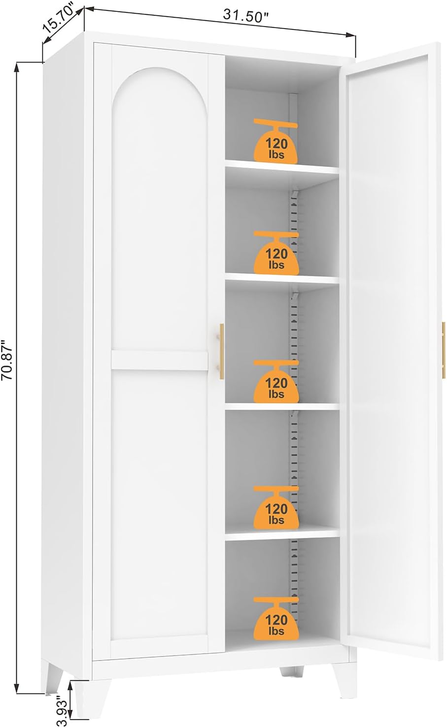 71'' Tall Kitchen Pantry Cabinet, Metal Storage Cabinet with 2 Doors and 4 Adjustable Shelves, Metal Pantry Cabinet with Lock for Dining Room, Living Room,White