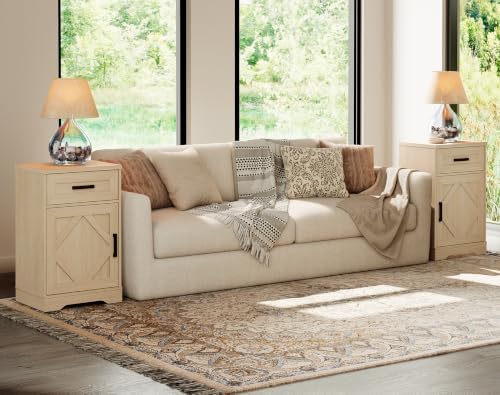 WAMPAT 32-Inch Tall Farmhouse End Table Set of 2 with Drawers and Adjustable Storage Shelves, Wood Side Table with Barn Doors for Living Room,Bedroom,Beige Wood