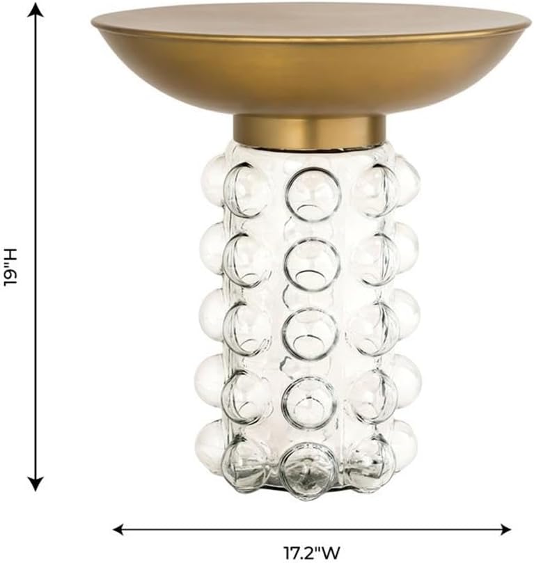 Pemberly Row 19" H Transitional Glass Side Table, Antique Brass Finish, Handcrafted Round Iron Top, Transparent Glass Base Design, Elegant Accent Table for Living Room Use, 17.2" W x 17.2" D