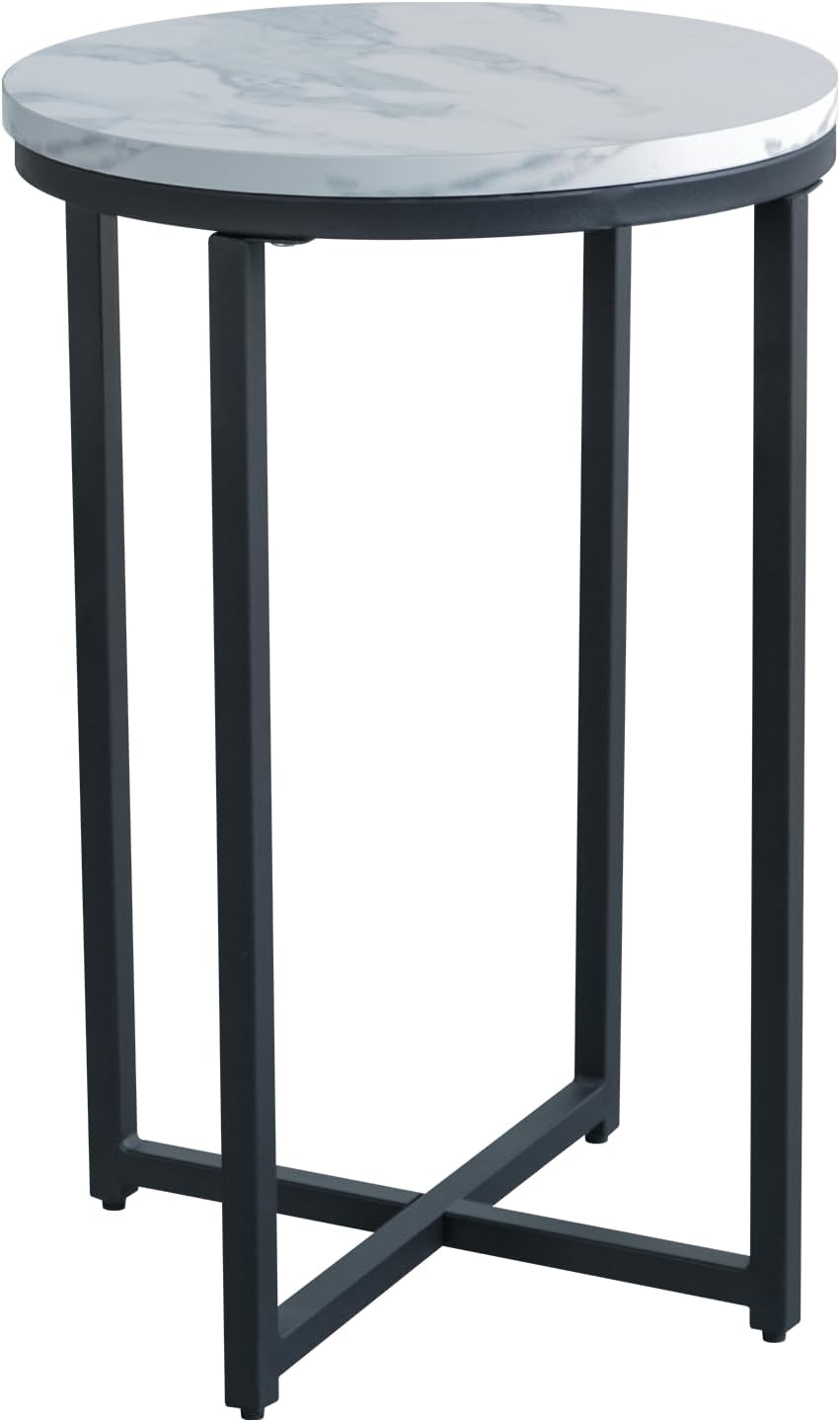Modern Side Table with Faux Marble MDF Top, Black Metal X-Base, Compact End Table for Small Spaces Living Room Bedroom, Stable and Easy to Assemble