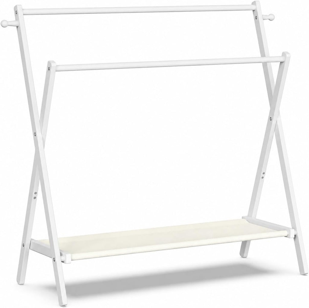BAMBOOHOMIE Kids Clothing Rack, Small Clothes Organizer Rack, Kids Dress Up Rack with Storage Shelf & Double Rods, Bamboo Child Garment Rack for Playroom Toddler's Bedroom (Large Size - White)