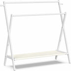 BAMBOOHOMIE Kids Clothing Rack, Small Clothes Organizer Rack, Kids Dress Up Rack with Storage Shelf & Double Rods, Bamboo Child Garment Rack for Playroom Toddler's Bedroom (Large Size - White)