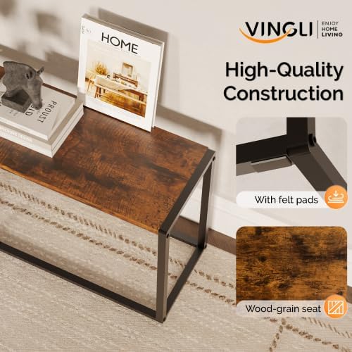 VINGLI Industrial Dining Bench for Dining Room, 47.2 Inch Rustic Brown Kitchen Table Bench Heavy-Duty Metal Frame, Dining Table Bench with Non-Slip Foot Pads for Entryway, Living Room & Small Spaces