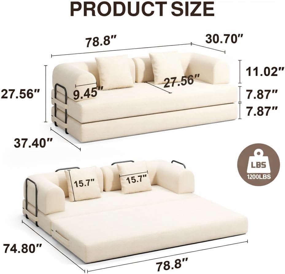 Ahomly 78.8'' Convertible Sofa Bed,5-in-1 Boneless Couch with Removable Armrests,Folding Futon Sofa Bed Includes 2 Pillows,Comfy Pull Out Couch for Living Room,No Assembly Required,Cream