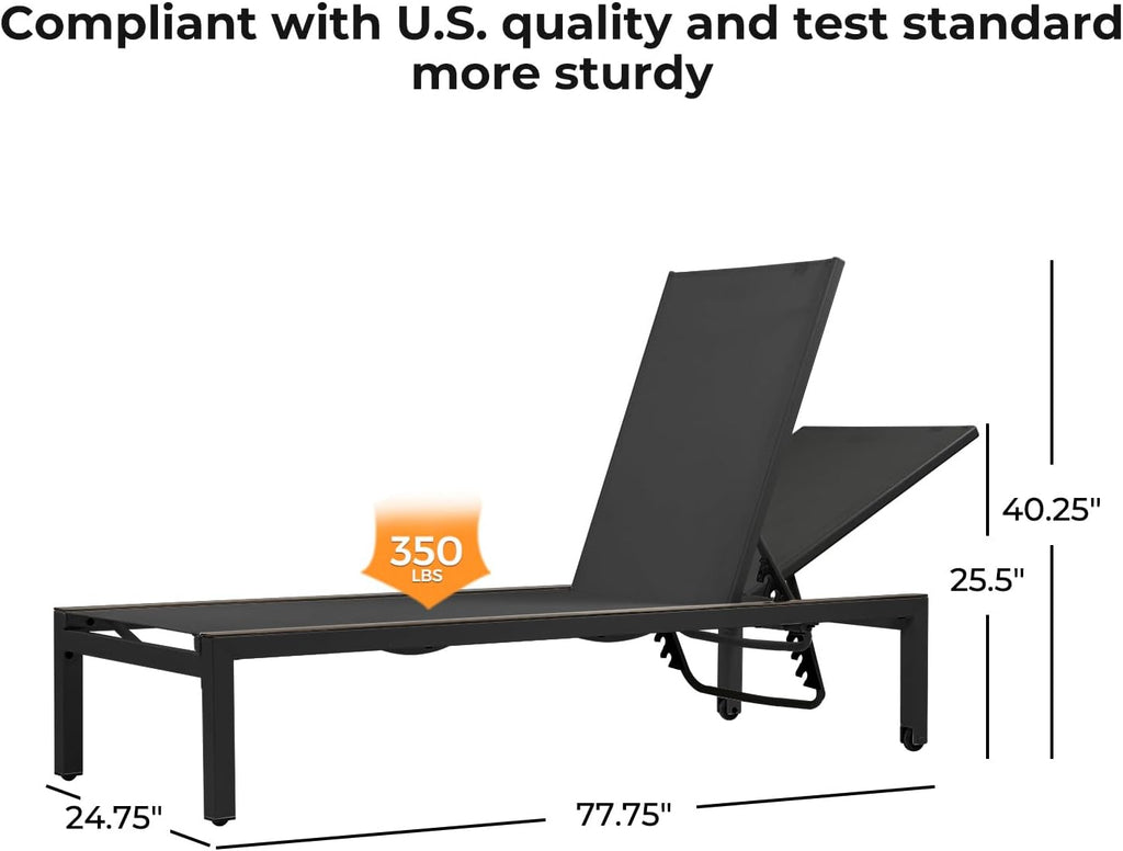 Grand patio Outdoor Chaise Lounge Set of 2 Mesh Sling Lounge Chairs with Woodgrain Texture, Portable Wheels & 4 Adjustable Reclining Backrest Positions for Poolside Beach 2PCS, Black