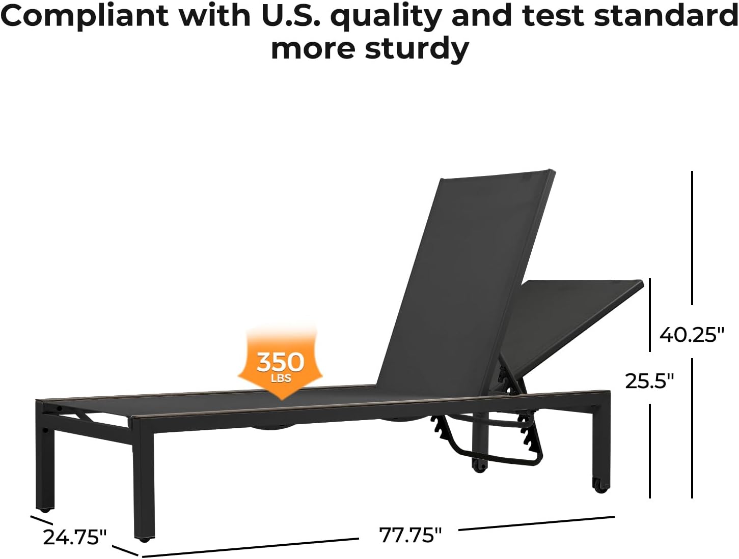 Grand patio Outdoor Chaise Lounge Set of 2 Mesh Sling Lounge Chairs with Woodgrain Texture, Portable Wheels & 4 Adjustable Reclining Backrest Positions for Poolside Beach 2PCS, Black