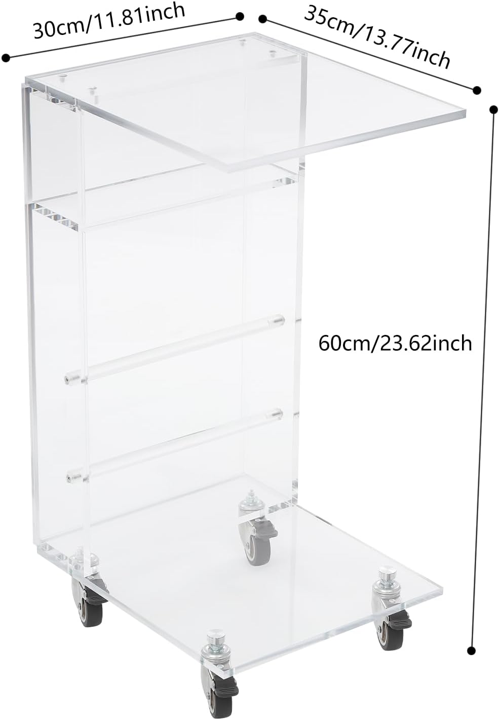 Acrylic Side Table with Storage and Lockable Wheels,C Shaped End Table,Small Coffee Table for Couch, Living Room, Bedroom,Clear