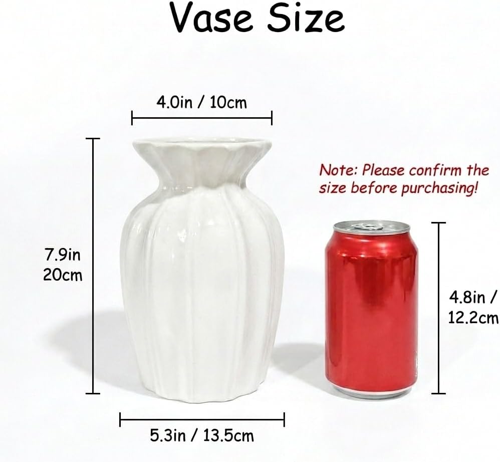 White Vase, 7.9 Inch Ceramic Vase for Flowers, Flower Vase for Centerpieces, Cute Vases for Home Decor, Farmhouse Ceramic Flower Vase for Living Room Shelf Table Cabinet Wedding