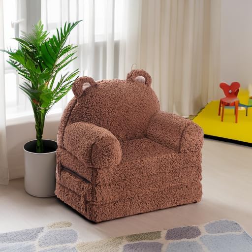 MOMCAYWEX Kids Sofa, Sherpa Couch with Tri-Layer Foam Cushions, Comfy Seating for Kids Age 18 Months and Up, Brown