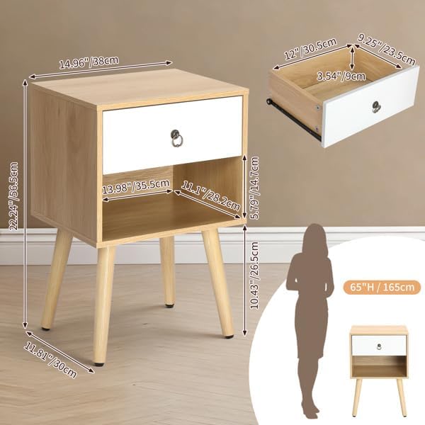 Mid-Century Modern Nightstand with Drawer and Open Shelf, Bedside Table with Solid Wood Legs and Adjustable Feet, Linen-Textured Side Table for Bedroom and Living Room, Oak & White (1 Pack)