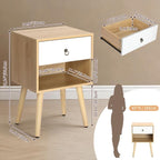 Mid-Century Modern Nightstand with Drawer and Open Shelf, Bedside Table with Solid Wood Legs and Adjustable Feet, Linen-Textured Side Table for Bedroom and Living Room, Oak & White (1 Pack)