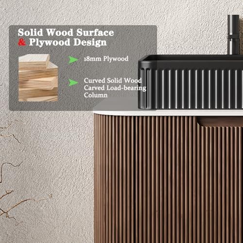 30'' Bathroom Vanities Cabinet with Sink, Wall Mounted Floating Cabinet W/Curved Edges Stripes, Oak Plywood, Soft-Close System with a Drawer, Black Rectangular Ceramic Basin - Kiel, Dark Walnut/B
