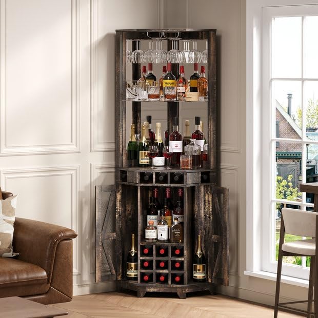 SOFTSEA Farmhouse Kitchen Pantry Cabinet with Barn Door, 72" Tall Corner Bar Cabinet with Acrylic Mirror, Wine Cabinet with Glass Rack, for Living Room Dining Room, 19.7x19.7x72 Inch, Walnut