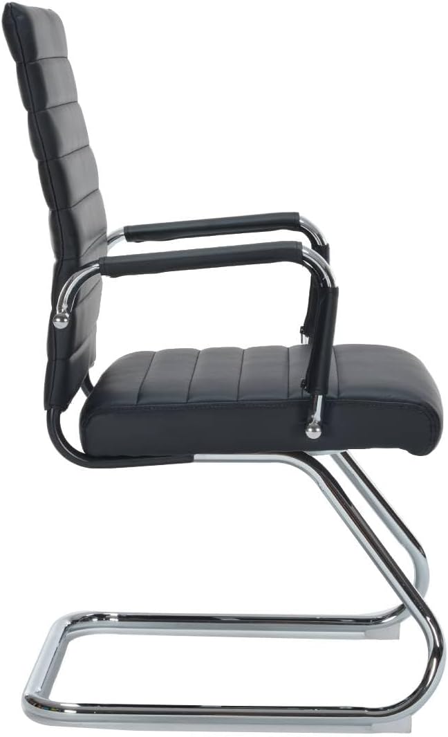Black Waiting Room Guest Chair No Wheels, Leather Conference Room Reception Chair with Back Support, Ergonomic Desk Chairs with Sled Base, Set of 2, Black.
