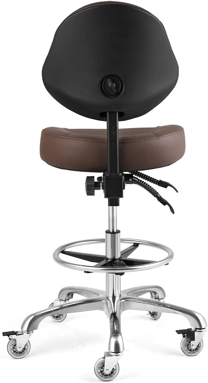 Rolling Drafting Chair with Back Support - Tall Office Chair for Standing Desk Adjustable Foot Ring Swivel Rolling Stools for Workshop Art Studio Salon Shop Counter Home Office (Brown)