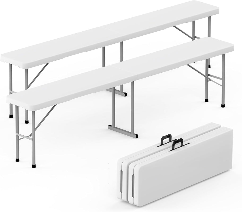 Plastic Folding Bench - Portable Bench Used for Indoor, Outdoor, Picnic, Party, Camping, Dining Seat, Garden Soccer Multipurpose Entertaining Activities, White (2, White, 8 Feet)