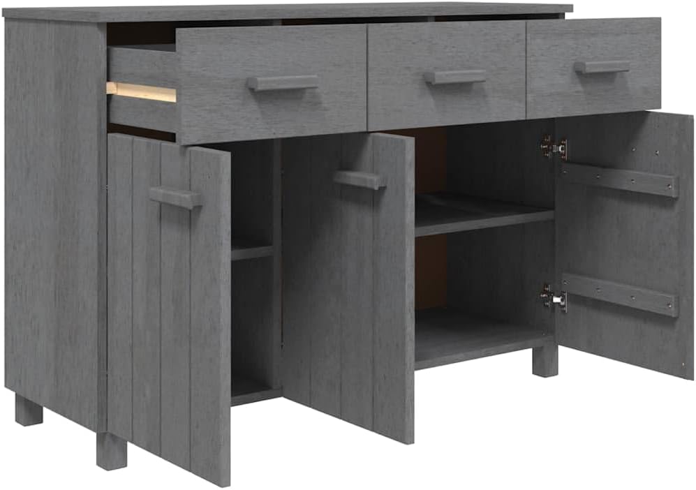 Dark Grey Solid Pine Wood Sideboard with 3 Drawers, MDF Medium Buffet Cabinet for Dining Room and Living Room Storage, Modern Traditional Design, Durable Furniture