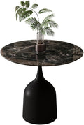 Minimalist Luxury Round Stone Top Side Table with Glass Top, Modern Semi-Precious Stone Accent Table in Starry Blue (Black)