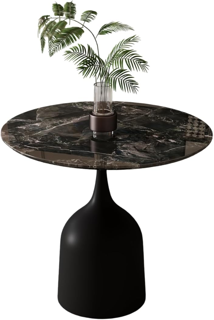 Minimalist Luxury Round Stone Top Side Table with Glass Top, Modern Semi-Precious Stone Accent Table in Starry Blue (Black)
