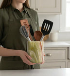 Marble Utensil Holder 6.5 Inch Green Wooden Cooking Utensils Set & Spatula Organizer for Kitchen Counter, Stone Utensil Crock & Caddy for Spoon Holder & Farmhouse Decor