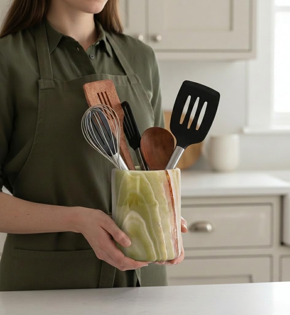 Marble Utensil Holder 6.5 Inch Green Wooden Cooking Utensils Set & Spatula Organizer for Kitchen Counter, Stone Utensil Crock & Caddy for Spoon Holder & Farmhouse Decor