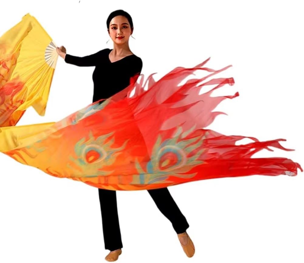 Belly Dance Fan Veil, Colorful Long Folding Bamboo Fan with Silk Streamers for Dancer Art Show Party Performance