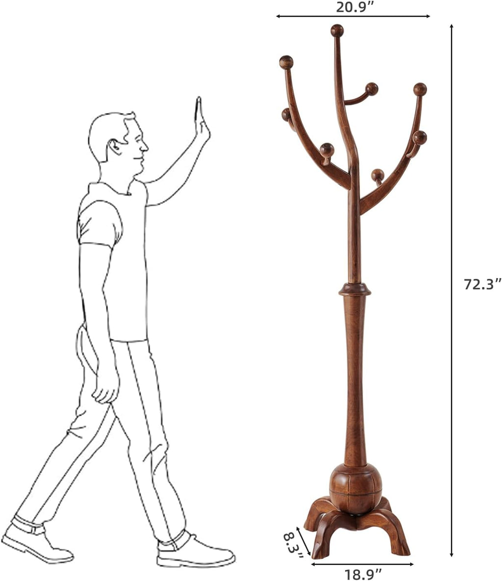 Wood Freestanding Coat Rack with 8 Hooks Coat Tree Standing,Walnut | Wooden Creative Clothes Hanger with Sturdy Sphere Base and Tree Branch Hooks 160lb Load Capacity for Entryway Hallway Bedroom