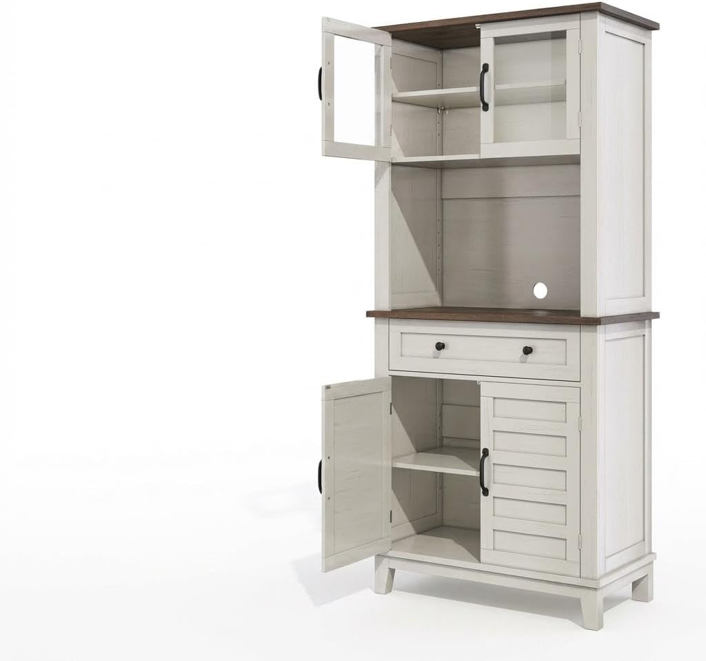 72-Inch Tall Pantry Storage Cabinet – Adjustable Shelves, 4 Glass & Wooden Doors, Large Drawer – Modern White and Brown Contrast – Dining, Kitchen or Living Room – Color: Brown and White Contrast