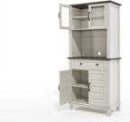 72-Inch Tall Pantry Storage Cabinet – Adjustable Shelves, 4 Glass & Wooden Doors, Large Drawer – Modern White and Brown Contrast – Dining, Kitchen or Living Room – Color: Brown and White Contrast
